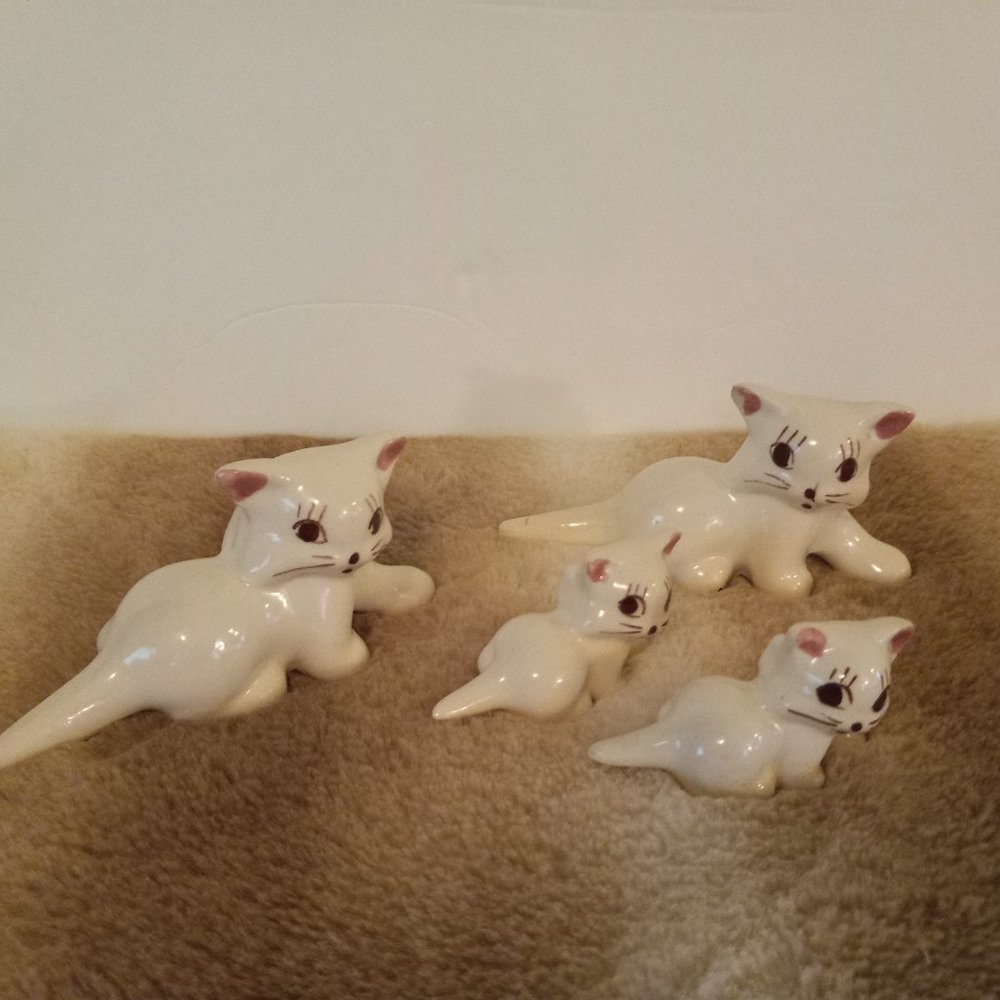 Vintage Set of Four Ceramic Cat Figurines 1940-1950 Era White with Pink Bows